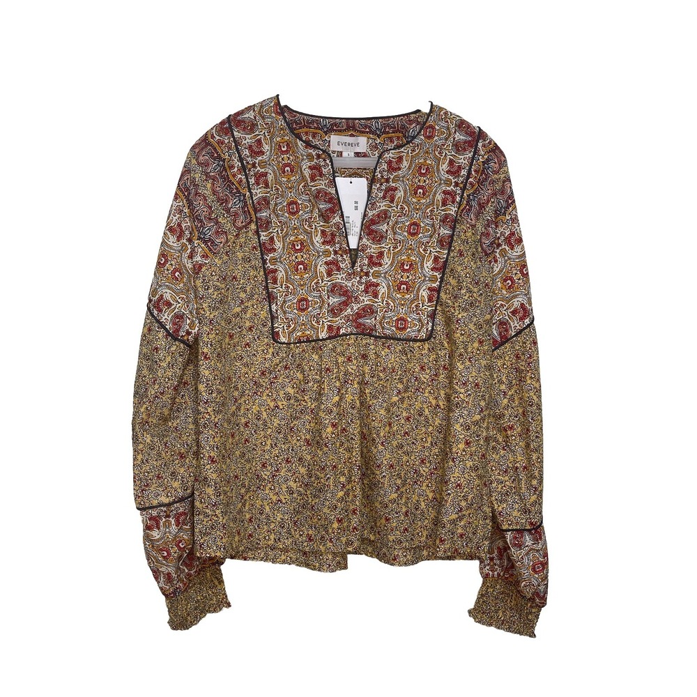 EVEREVE Small Eva Mix Floral Popover Blouse Ornate Yellow Red Peasant NWT $88